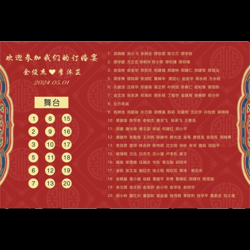 新中式红色婚礼座位图婚宴座次表坐席迎宾牌席位卡设计kt板海报