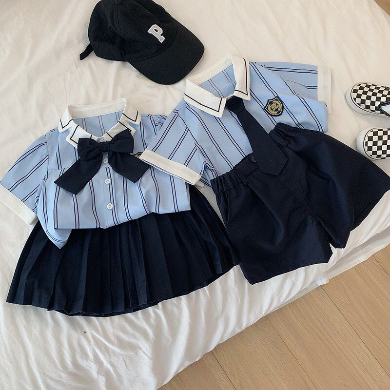 男童装女童学院风夏季衬衫JK制服短裙短裤两件套装幼儿园毕业礼服