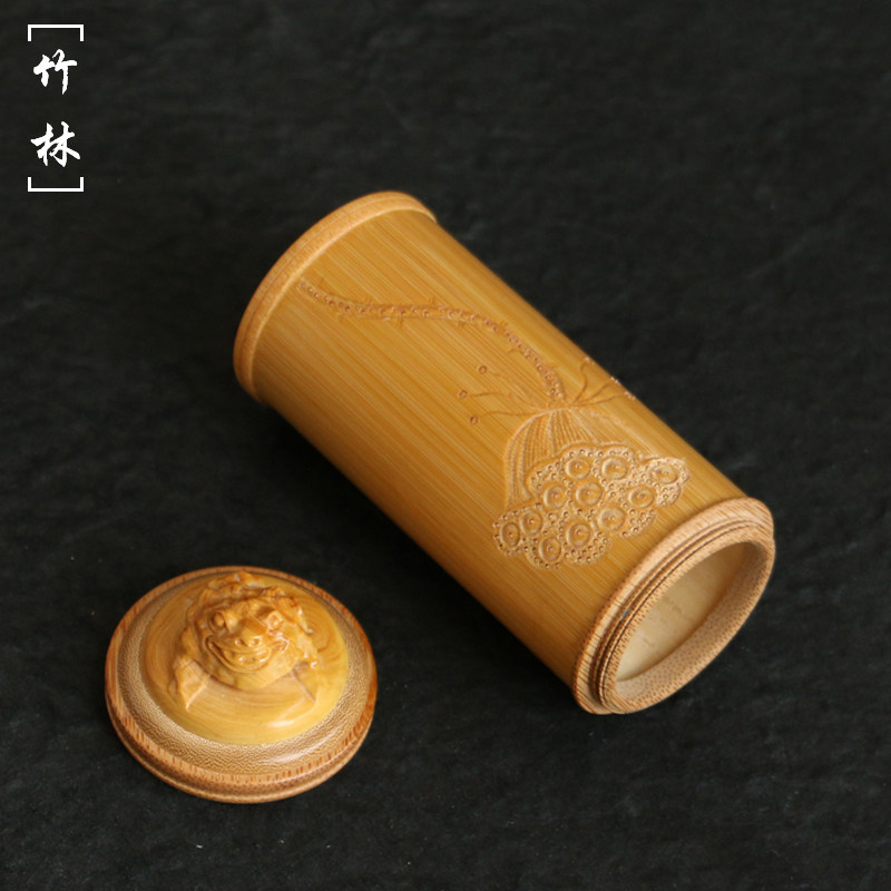 精品纯手工雕刻金蟾老玉竹茶叶罐文玩便携式竹制茶仓竹雕茶叶筒盒