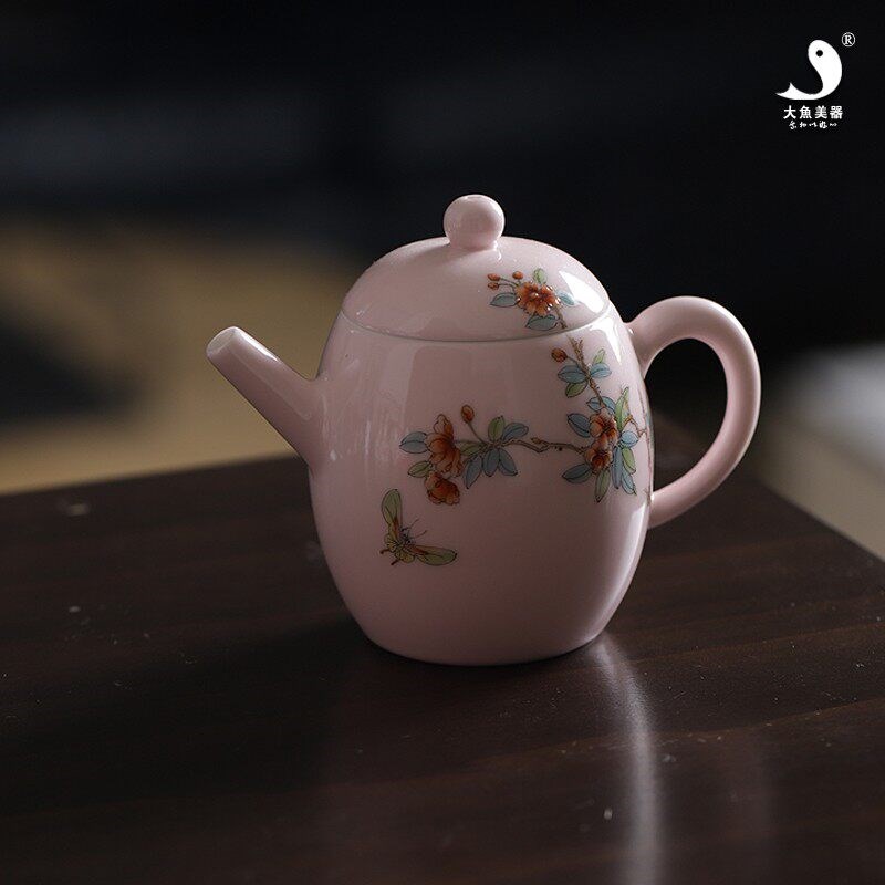 大鱼美器 樱粉海棠圆融壶 景德镇手工陶瓷茶壶女士茶具手绘泡茶器