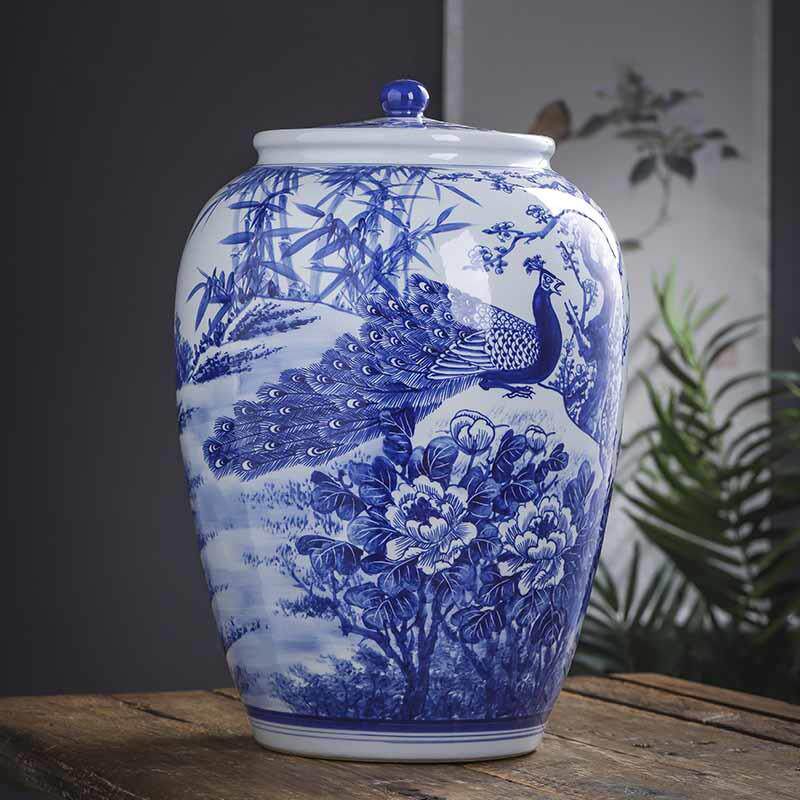 景德镇手绘青花陶瓷米面缸油水缸带盖家用装茶叶罐储物罐摆件50斤