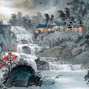 新品当代吴广神州尽在彩霞中中式山水画横幅客厅办公室装饰画挂画