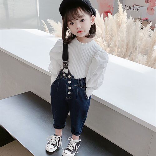 女童牛仔背带裤套装潮2022秋款小童洋气女宝宝长袖两件套网红时髦