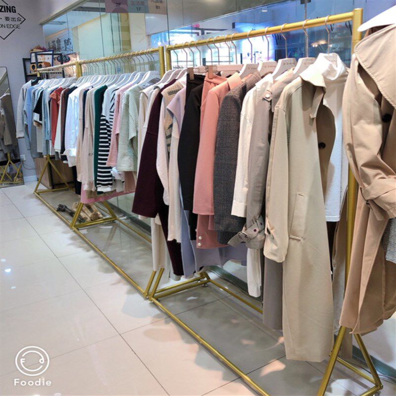 服装店展示架落地式组合金色衣架杆男女装货架银色侧挂架衣服架子