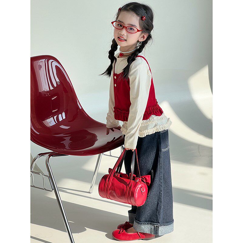 女童套装2025春季新款儿童花边背心打底衫马甲长袖上衣T恤两件套