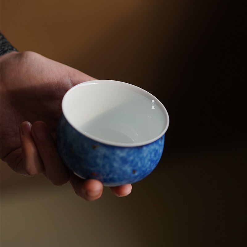 震山堂手工大号主人杯单个茶杯洒蓝洒绿釉创意紫色陶瓷杯品茗杯