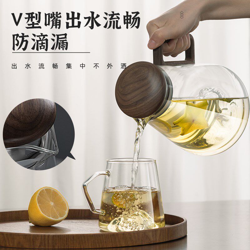 玻璃冷水壶大容量家用木把手凉水壶耐高温耐热防爆凉白开茶壶套装