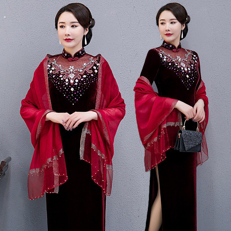 结婚红纱巾酒红色围巾丝巾礼服婚纱旗袍披肩长女款妈妈婚礼婚宴装