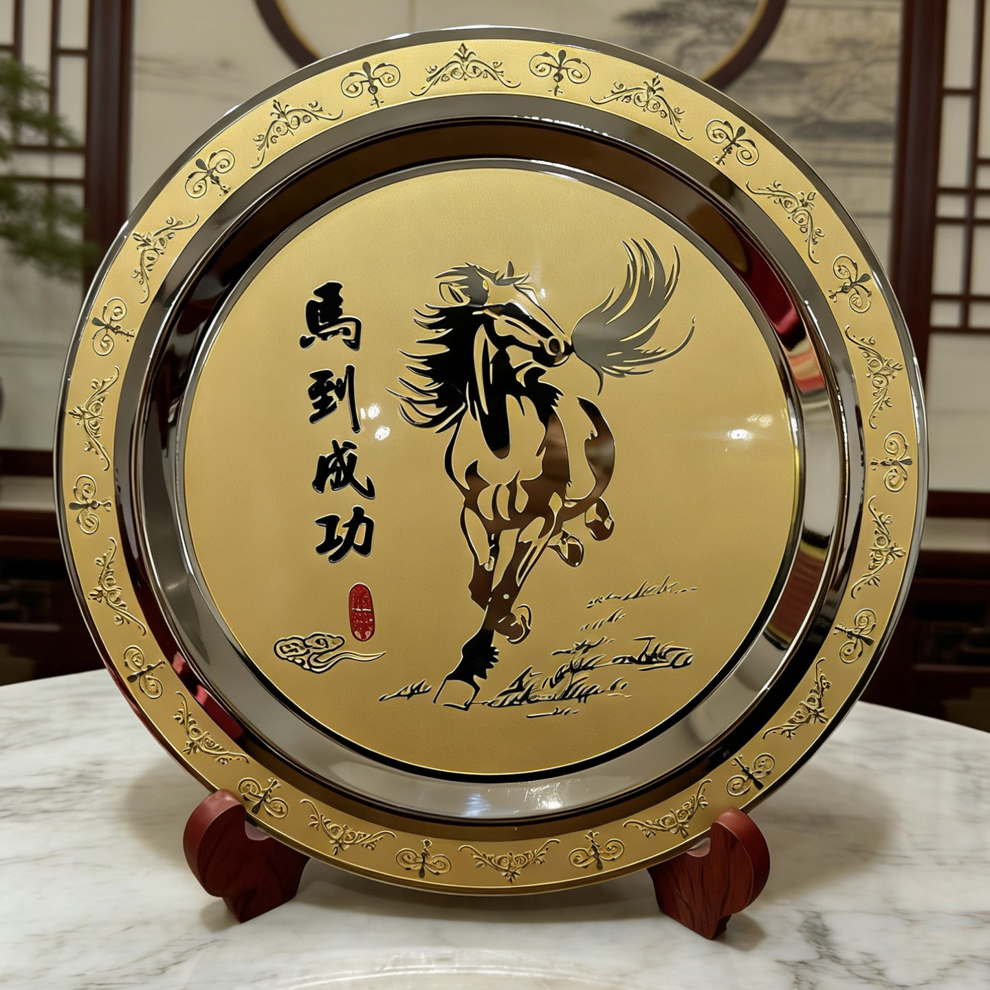 铜盘摆件马到成功摆盘 新中式客厅玄关装饰盘 乔迁开业商务礼品