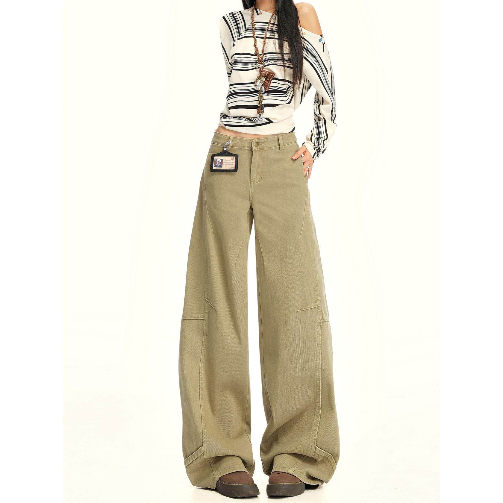 卡其色低腰工装阔腿牛仔裤女秋季2025新款宽松显瘦休闲直筒拖地裤