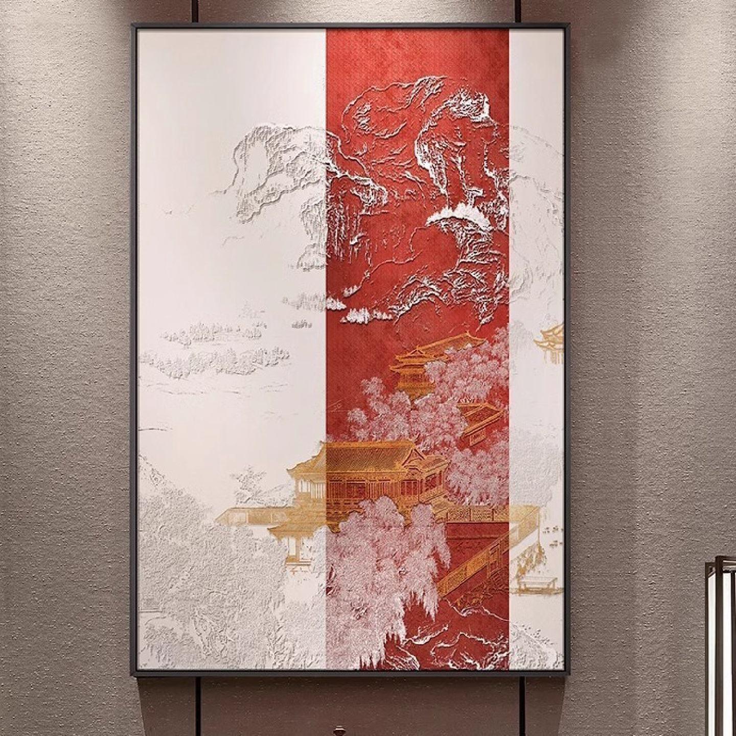 入户玄关立体浮雕挂画酒店过道壁画新中式山水楼阁高档大气装饰画