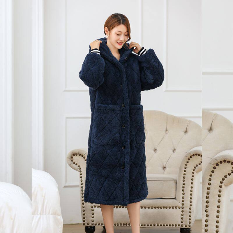 冬季睡袍女加厚羊羔绒三层夹棉连帽家居服睡衣女士可外穿加长浴袍