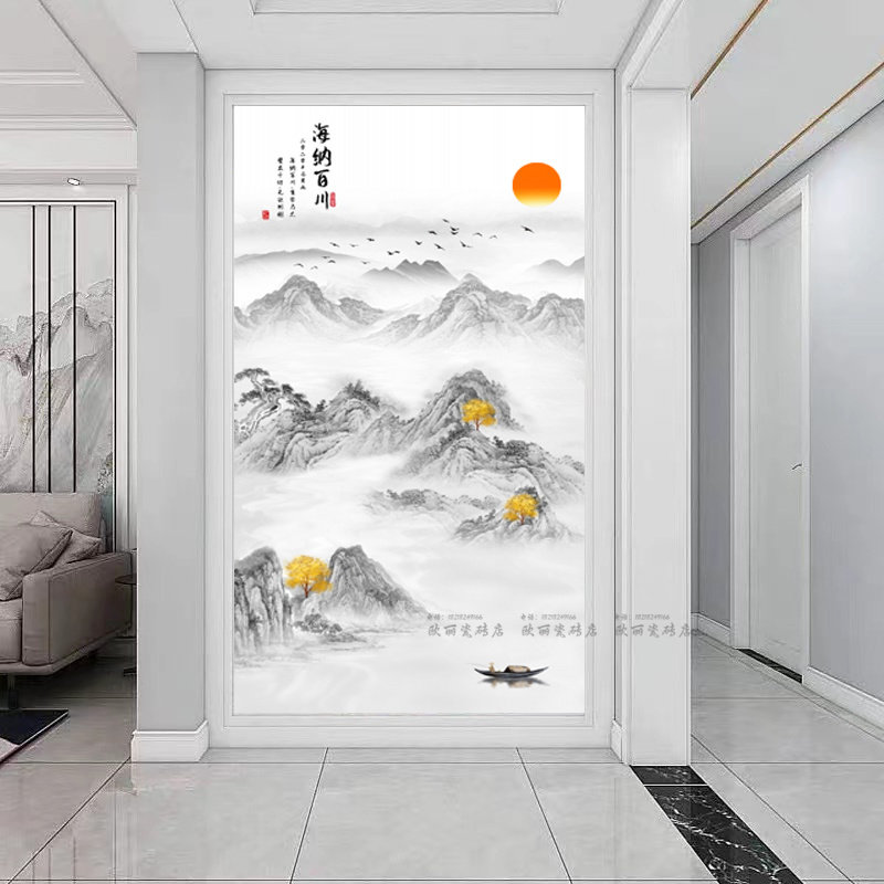 岩板玄关背景墙入户过道客厅石材大理石微晶石瓷砖壁画新中式山水