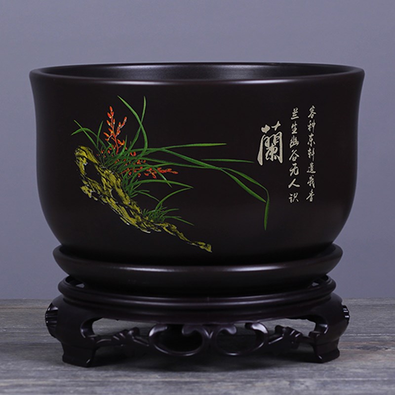 花盆陶瓷带底座古风砂釉透气盆景盆栽兰花专用吊兰室内文竹盆清仓