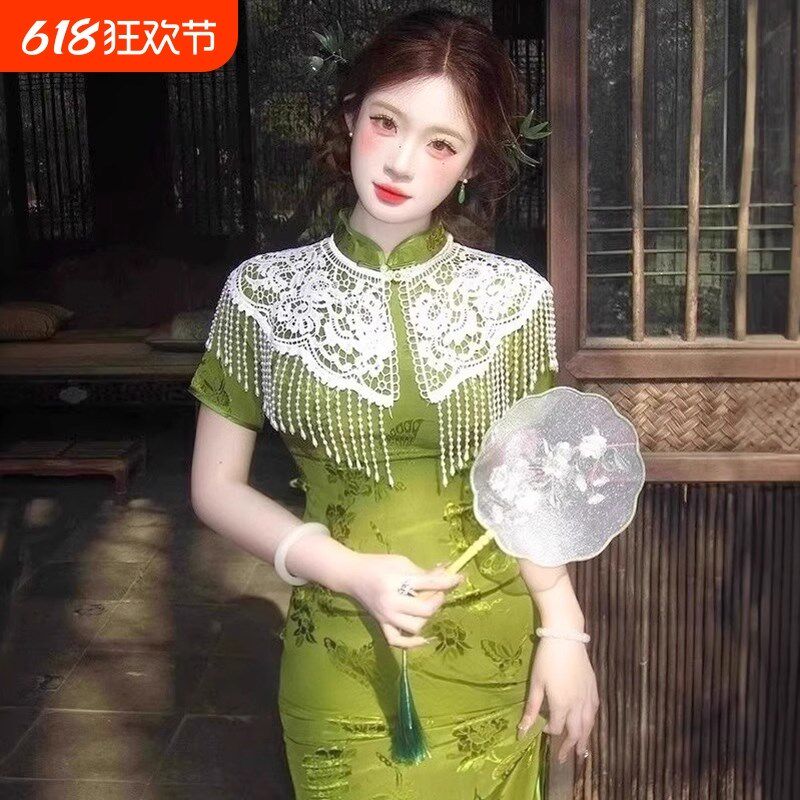 旗袍披肩云肩新中式珍珠流苏坎肩中国风汉服领子重工复古蕾丝配饰