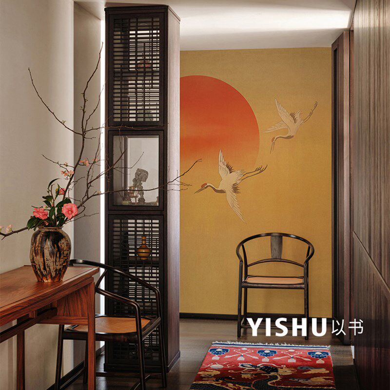 新中式意境覆古仙鹤壁纸墙布客厅卧室背景墙定制壁画餐厅墙纸壁布