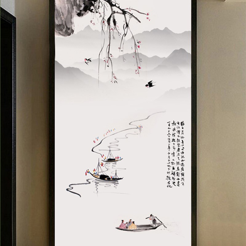 3D新中式水墨山水玄关墙布客厅茶室壁画入户过道壁纸简约走廊墙纸