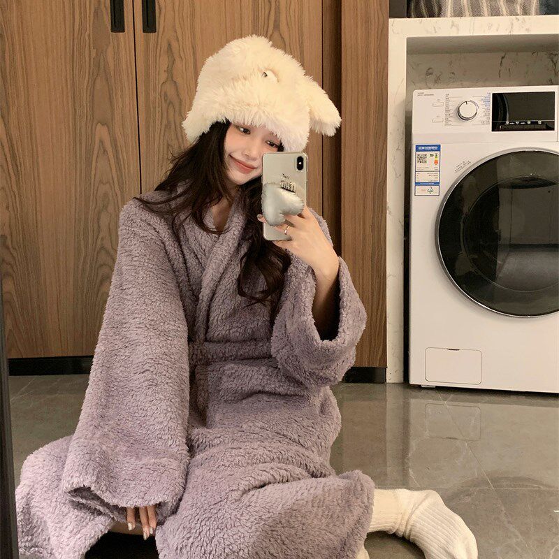 韩版休闲可外穿保暖珊瑚绒睡袍女秋冬季款加绒加厚浴袍宽松家居服