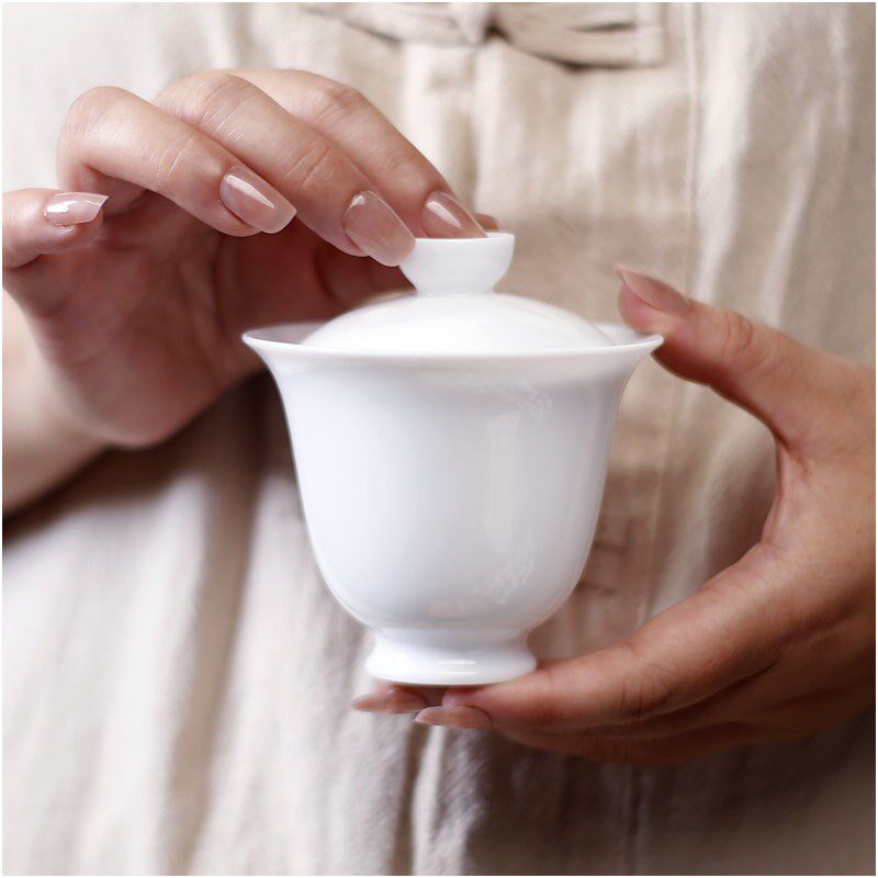 韩祠茗品含香潮州羊脂玉白瓷二才高足盖碗反口防汤大号泡茶碗