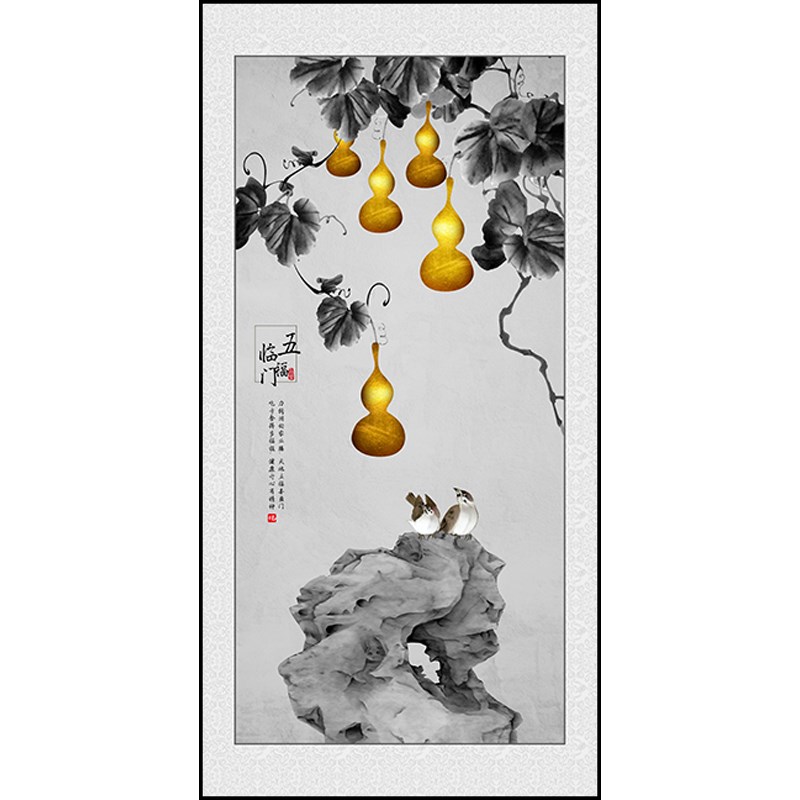 入户玄关装饰画新中式山水画竖版挂画流水生财走廊过道带灯墙壁画