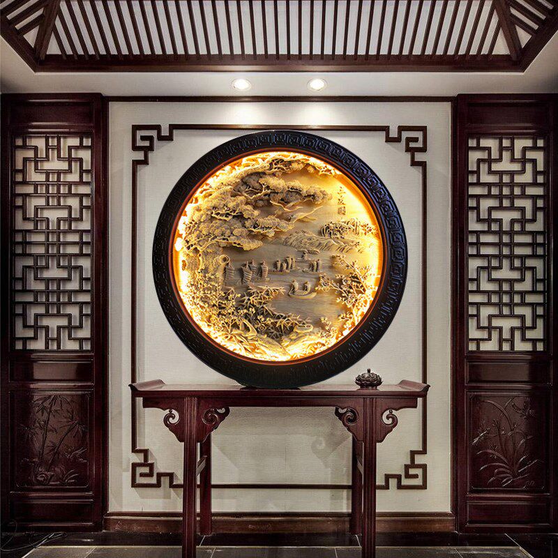 东阳木雕手工雕刻玄关背景墙圆盘挂件深浮雕新中式圆形壁挂可定做