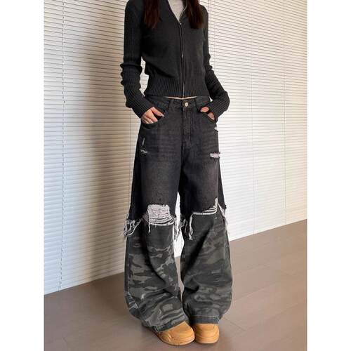 2025春秋美式街头迷彩拼接流苏破洞牛仔裤女小众设计感水洗裤子潮