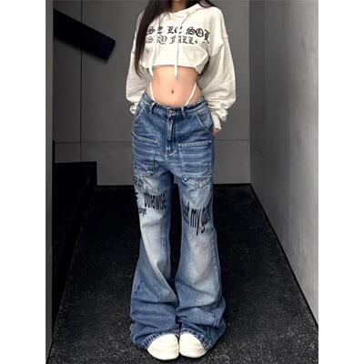 美式印花显瘦牛仔裤男女2025秋季新款街头辣妹亚比朋克拖地长裤子