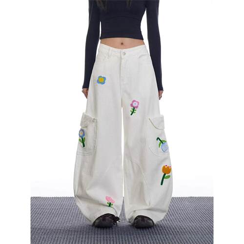 美式复古花卉刺绣工装牛仔裤女夏季新款高腰宽松显瘦弯刀阔腿裤子