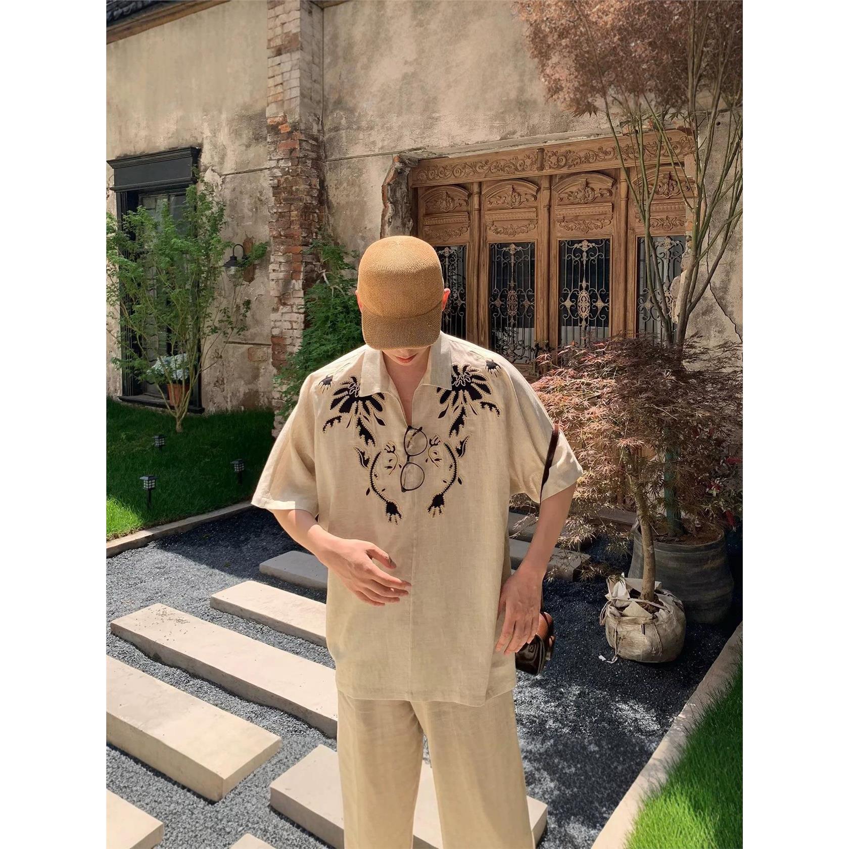 民族风刺绣短袖亚麻衬衫男款夏季潮牌体恤Polo衫休闲度假老钱衬衣