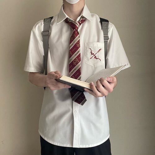 爱神丘比特dk制服白色刺绣衬衫男短袖夏季学院风毕业班服休闲衬衣
