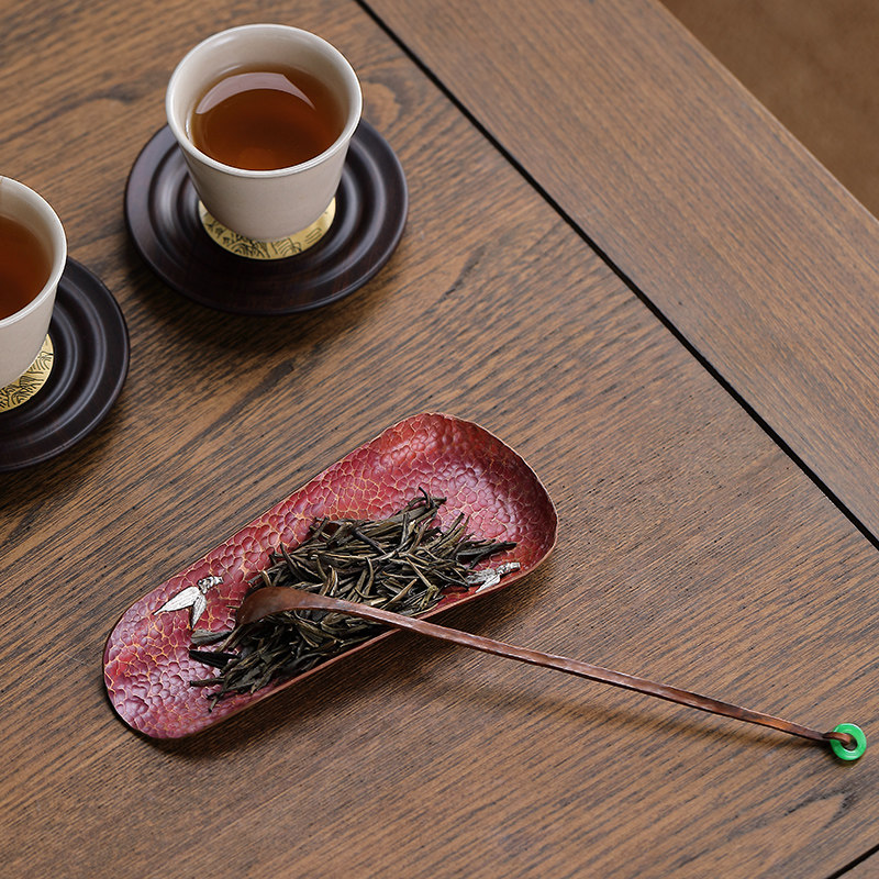 日式纯铜镶银仿古茶则二件套竹韵茶拨茶勺茶则赏茶荷套组茶具配件