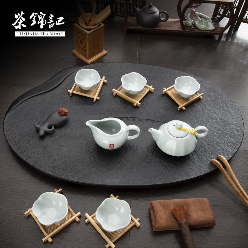茶锦记乌金石茶盘家用石头小茶台功夫茶具托盘椭圆形茶海天然整块