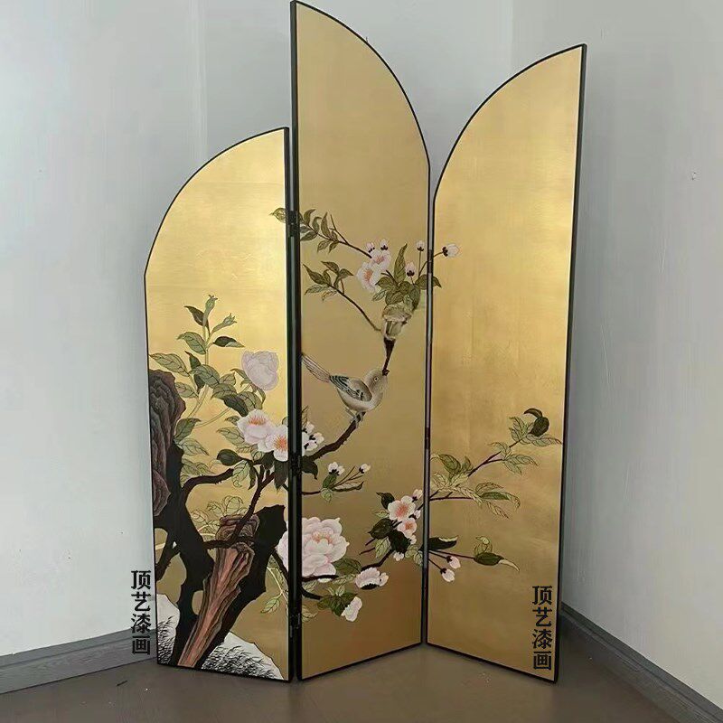异型手绘金箔银箔漆画屏风移动折叠屏风客厅茶室隔断背景定制尺寸