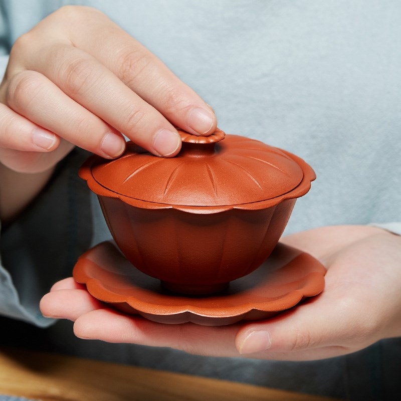 宜兴紫砂三才杯盖碗单个带盖泡茶杯小号防烫茶碗陶瓷功夫茶具套装