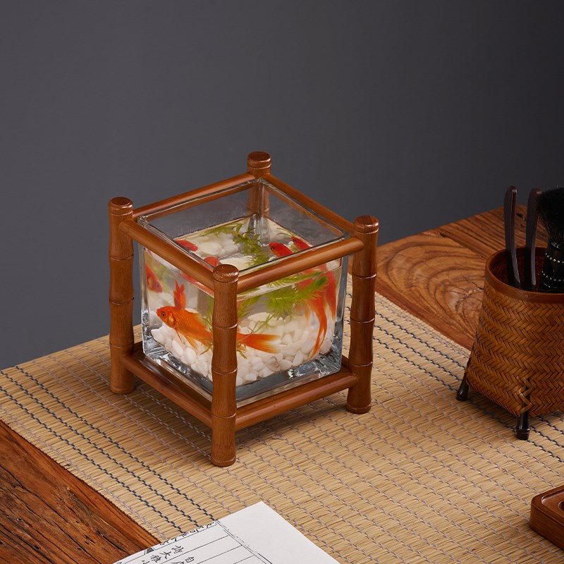 竹制桌面小鱼缸架茶室装饰花几盆景绿植水培架展示台案几置物架