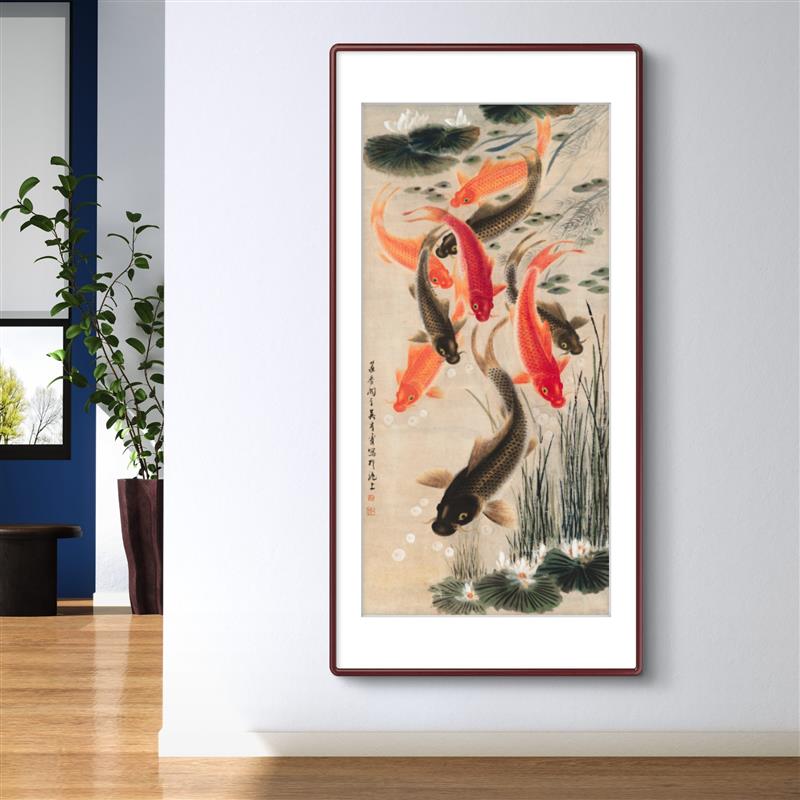 (九鲤图)聚财锦鲤新中式客厅挂画餐厅走廊过道竖版装饰画
