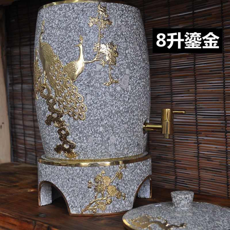 麦饭石水缸 水桶 净水器茶道 鎏金储水缸带盖 高档