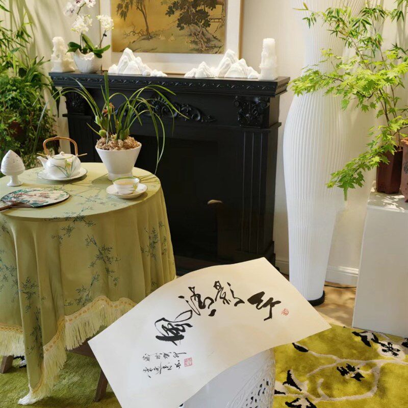 新中式竹子图案古典雅致桌布艺复古流苏文艺台布边几布餐桌布家用