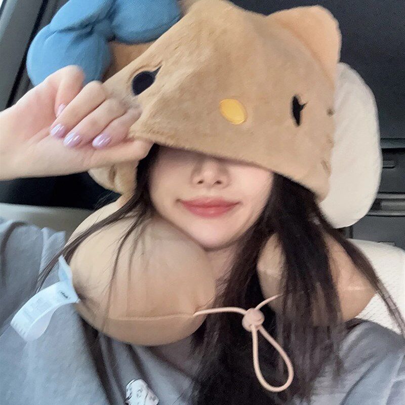 可爱KT猫u型枕连帽冬季旅行便携睡觉长途护颈椎脖子办公室带帽子