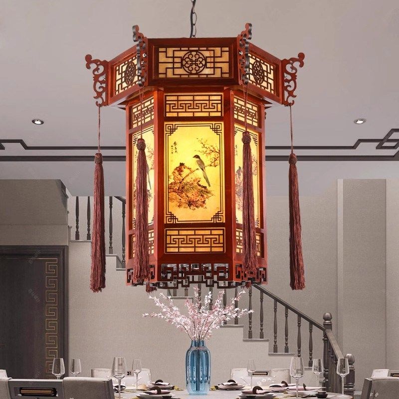 中式吊灯实木茶楼走廊门头羊皮灯宫廷祠堂仿古建筑火锅六角宫灯
