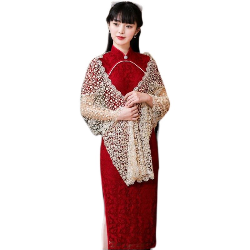 喜妈妈旗袍披肩外搭春秋款蕾丝婚宴装夏季薄款结婚宴会配礼服围巾