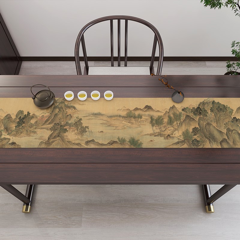中式国画山水画湖山春暖桌旗茶席茶桌垫布茶室装饰防水棉麻茶桌布