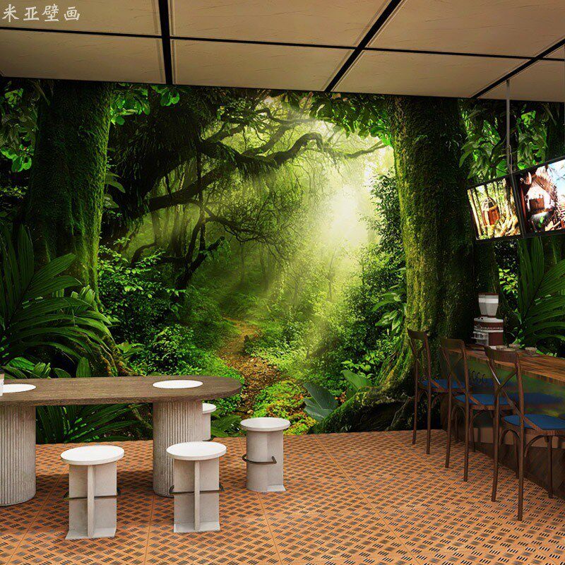 森林墙布植物大自然视觉延伸壁纸餐饮店茶室定制3d立体墙布背景墙