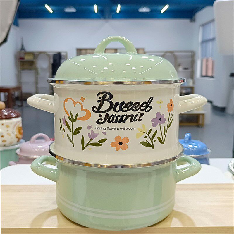 珐琅蒸锅20cm搪瓷汤锅炖锅3L加厚早餐锅宝贝辅食锅
