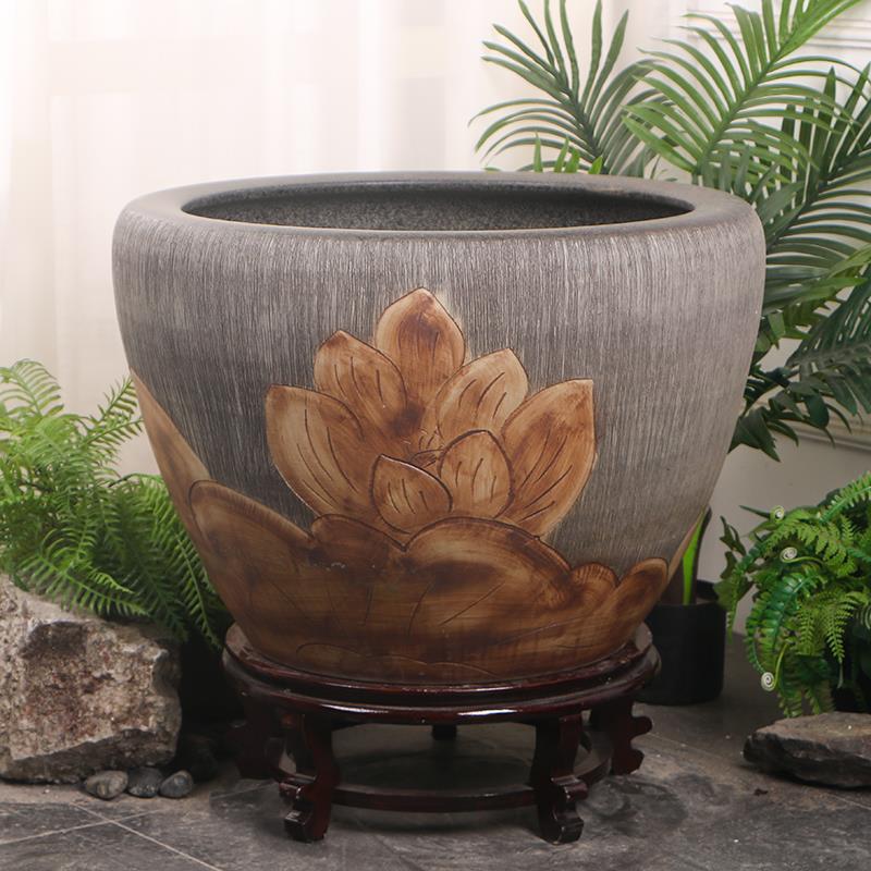 庭院陶瓷大缸接水缸荷花缸碗莲睡莲盆古法养鱼缸造景缸可配实木座