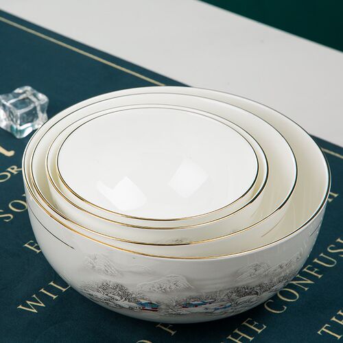 描金边骨瓷饭碗家用小碗简约中式米饭碗小汤碗面碗高档景德镇餐具