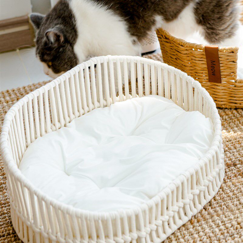 夏季藤编猫窝棉绳狗窝耐抓凉感睡垫小猫宠物用品四季通用手工编织