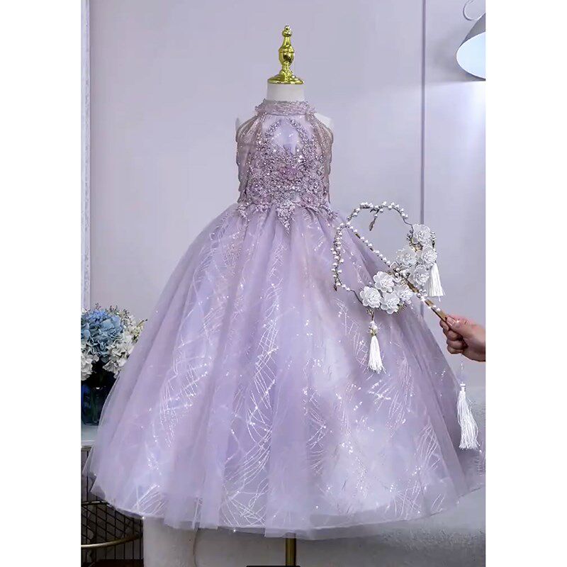 紫色挂脖儿童礼服高端洋气女童生日宴主持人小女孩演出蓬蓬公主裙