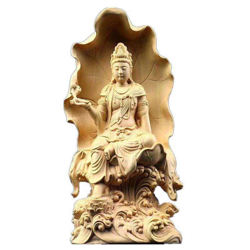 荷叶莲花自在观音大士木雕摆件实木送子菩萨鱼篮骑龙净瓶家居玄关