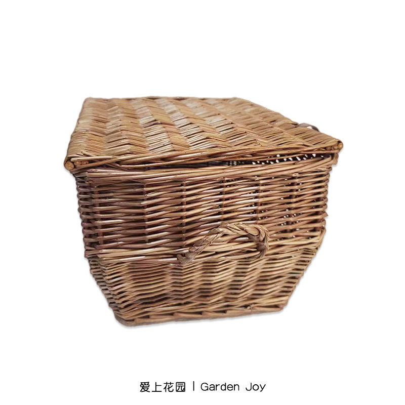 爱上花园手工柳编 家居装饰 收纳篮果篮提篮 双耳长方带盖收底篮